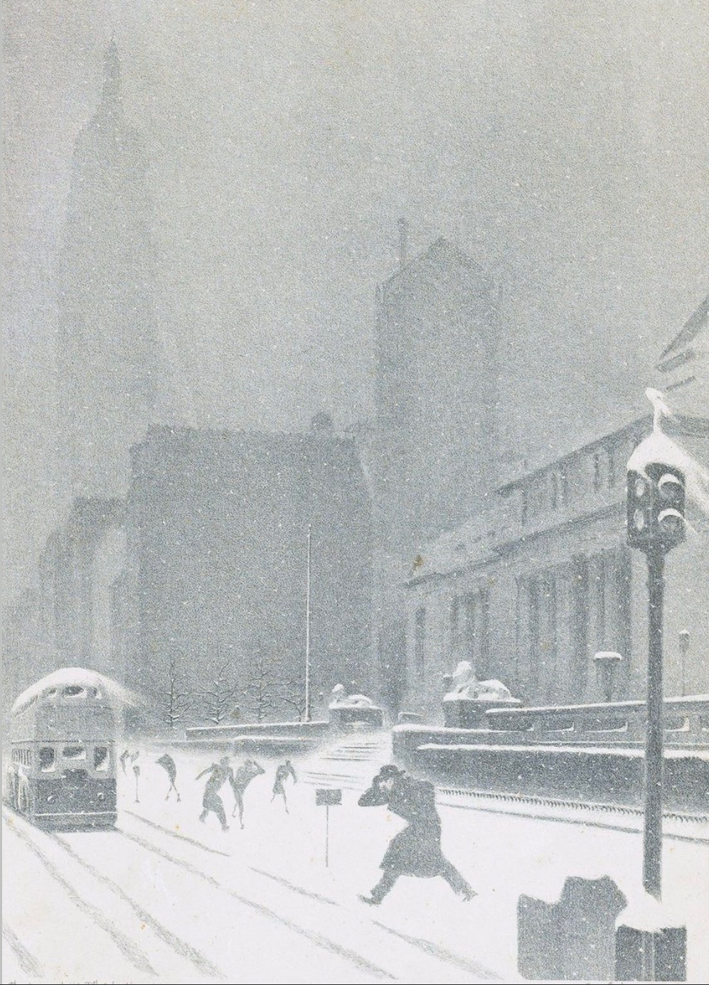 Snowstorm at the New York Public Library 1940-Ellison Hoover (1888 –&nbsp;1955)