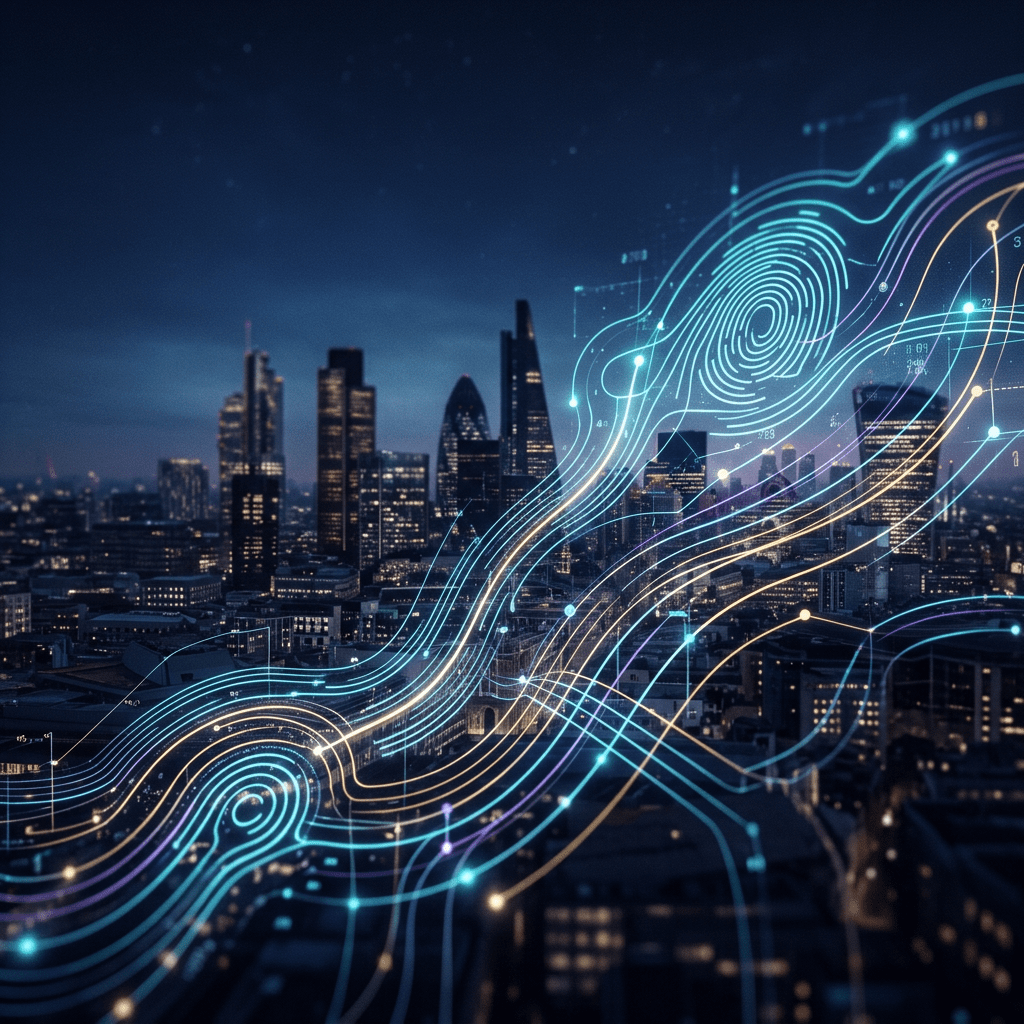 City skyline at night with futuristic lines and data points overlay