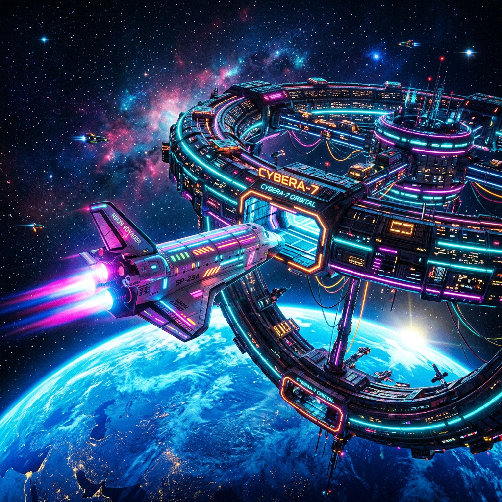 Spaceship docking at the neon-lit Cybera-7 space station in orbit