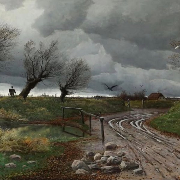 Dark Skies Looming over a Coastal Village, 1885 – Oscar Herschend (Danish painter) 1853 –&nbsp;1891